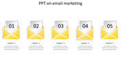 Email marketing PowerPoint template with five yellow envelopes and numbered captions.