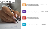 Agenda slide with a notebook and pencil icon at the top, followed by four time slots and captions in a timeline format.
