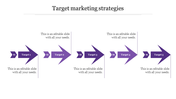 Stepwise purple arrow diagram for target marketing strategies, numbered from 01 to 05 with captions.
