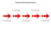 Five stage target marketing diagram featuring bold red arrows pointing right, each numbered and linked to descriptive text.