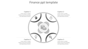 Grayscale finance template with a circular infographic, featuring four curved sections, and a central coin icon.