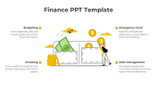 PowerPoint slide with four sections on finance from budgeting to debt management with money icons.