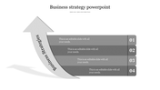 Four step grayscale business strategy diagram with stacked bars labeled 01 to 04, aligned with a curved upward arrow. 