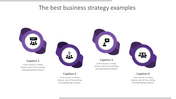 Business strategy PowerPoint template with four icons in purple representing different stages and captions.