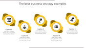 A modern business strategy template with five circular yellow elements, each displaying an icon and caption areas.