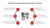 Digital transformation strategy PPT slide featuring six key elements connected by arrows, each with red icons.