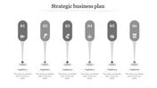 Monochrome strategic business plan diagram with six vertical markers, each displaying a number, an icon, and a captions.