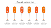 Modern infographic with six orange teardrop shaped elements in a row, each numbered and featuring white icons.