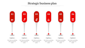Strategic business plan slide with red milestones and icons, showing steps with captions and placeholder text.