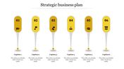 Sleek yellow themed strategic plan diagram with six numbered teardrop shapes, each having an icon and caption.