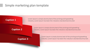 Marketing plan step diagram featuring three red gradient ribbons arranged in a cascading layout, with white text labels.