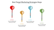 A slide showcasing target marketing strategies with four darts in red, orange, blue, and green, each labeled with captions.