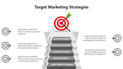 Five stacked gray steps labeled with marketing strategies, leading to a red target with two arrows at the top.