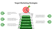 A structured marketing infographic showing a green staircase labeled with strategy steps, ending in a target with an arrow. 