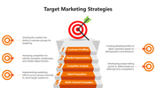 Target marketing strategies PowerPoint template with a dartboard and five orange strategic steps.