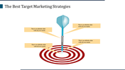 Slide with a blue dart hitting a red target and four yellow text boxes representing marketing strategies.