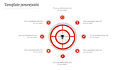 Circular target design with a central trophy and surrounding eight red icons connected by text fields.