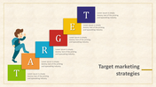 Illustration of a man climbing colorful blocks in green, orange, blue, red, yellow, and purple, forming the word target.