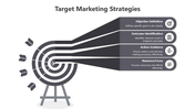 Target infographic with arrows hitting a bullseye, connected to four dark gray segments outlining key marketing strategies.