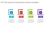 Multicolored four step timeline from 2016 to 2019 with frames, icons for analytics, charts, planning, and placeholder text.
