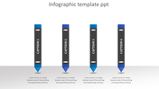 Infographic with four vertical pencil-shaped elements in blue and black, each labeled with a caption from 1 to 4. 