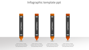 Row of four upright black pencils with orange erasers and tips, featuring vertical white captions on each.
