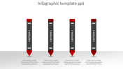 Structured infographic displaying four red-tipped vertical pencil graphics, each labeled with captions areas.