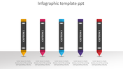 Pencil-shaped infographic elements in yellow, pink, blue, purple, and red with corresponding captions.