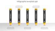 Infographic PowerPoint template with five yellow pencils, each representing a step with a caption.
