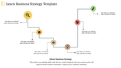 Linear strategy roadmap featuring yellow, red, and green circular icons linked by a blue path each with caption areas.