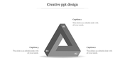 Grayscale creative triangle infographic labeled 01 to 03, with three captions positioned around the shape.