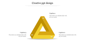 Creative PowerPoint slide featuring a yellow 3D triangle with numbered sections and captions with placeholder text.