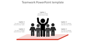 Silhouettes of a leader raising arms and four team members standing on a red stage depicting a teamwork illustration.