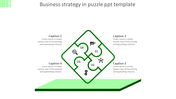 Business strategy puzzle diagram featuring a diamond shaped four-piece puzzle with icons, surrounded by caption areas.