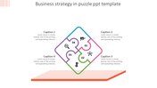 Square puzzle infographic with four interlocking pieces and icons representing business strategy elements.