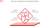 Business strategy puzzle diagram featuring a diamond-shaped four-piece puzzle with icons, surrounded by caption areas.