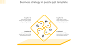 Yellow puzzle shaped business strategy infographic with four labeled sections, each linked to captions and icons.