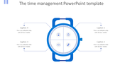 Time management PowerPoint template featuring a blue smartwatch with four icons with captions.