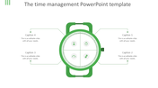 Circular green watch illustration segmented into four quadrants, each displaying icons and placeholder text areas.