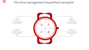 Time management PowerPoint template featuring a red smartwatch with four icons with captions.