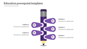 Education PPT slide with a purple pencil icon in the center, surrounded by five numbered speech bubbles, each with a caption.