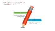 Educational slide with a vertical red pencil in the center and two captions in green and blue rectangular boxes.