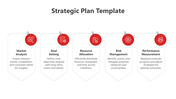 Strategic planning template with five white tags, red icons, and clip accents,  representing key business planning stages.