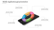 A smartphone image with a colorful 3D donut chart with percentages, surrounded by six text boxes linked with dashed lines.