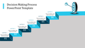 Blue staircase infographic with six numbered captions leading to a dartboard target on a gray background.