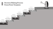 Decision making process template showing six steps leading to a target with captions.