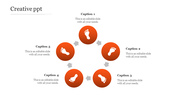 Creative PowerPoint slide featuring five orange circular icons with footprints, connected by arrows, for a sequential flow.