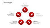 Creative PowerPoint template with red circular footprints and arrows pointing around the circle with captions.