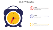Alarm clock graphic in bold blue and yellow alongside three labeled captions with arrow icons.