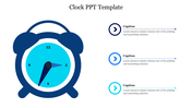 Clock PowerPoint template with an alarm clock graphic and three captions with placeholder text.